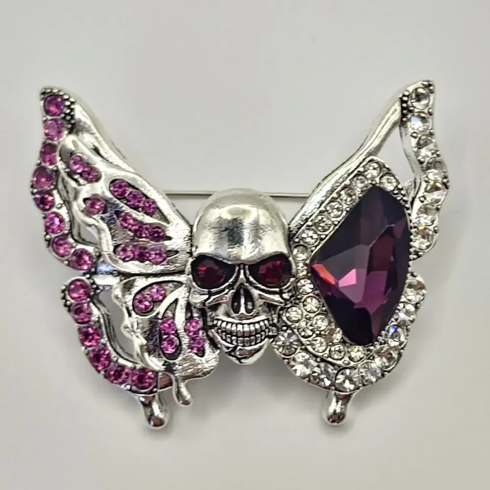 Skull Head Butterfly Brooch Faux Purple Jewels and Rhinestone Accents Goth